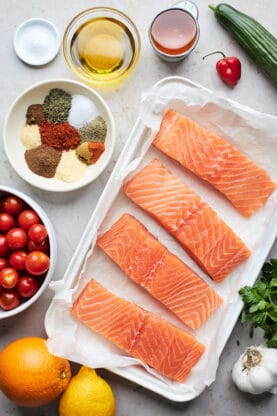Ingredients laid out to make an easy sheet pan salmon recipe