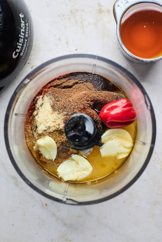 Habanero, spices and garlic to make a jerk seasoning paste