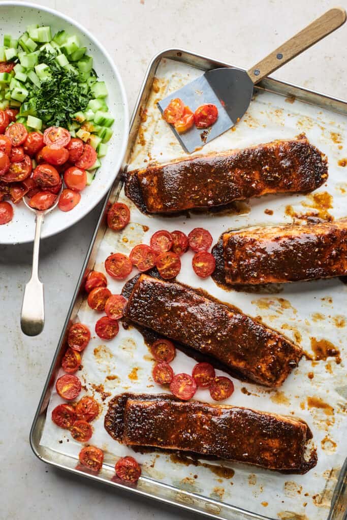 Jerk salmon on a sheet pan after baking