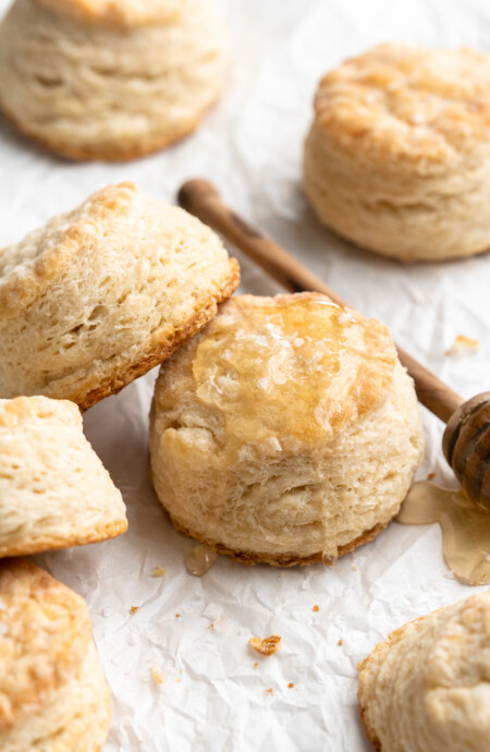 Freshly baked honey butter biscuits.