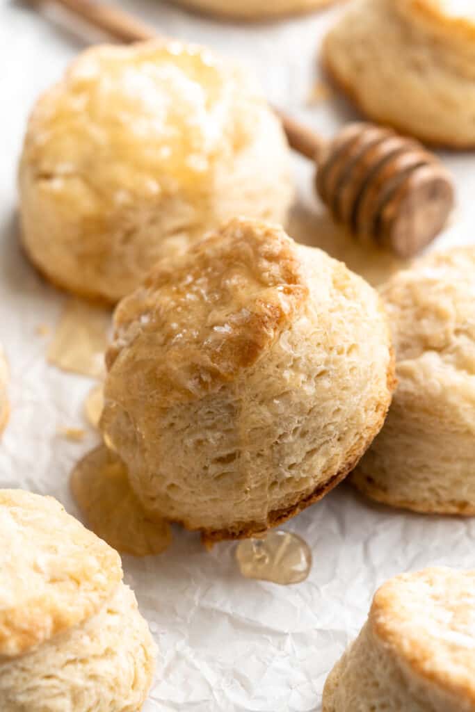 Freshly baked honey butter biscuits.