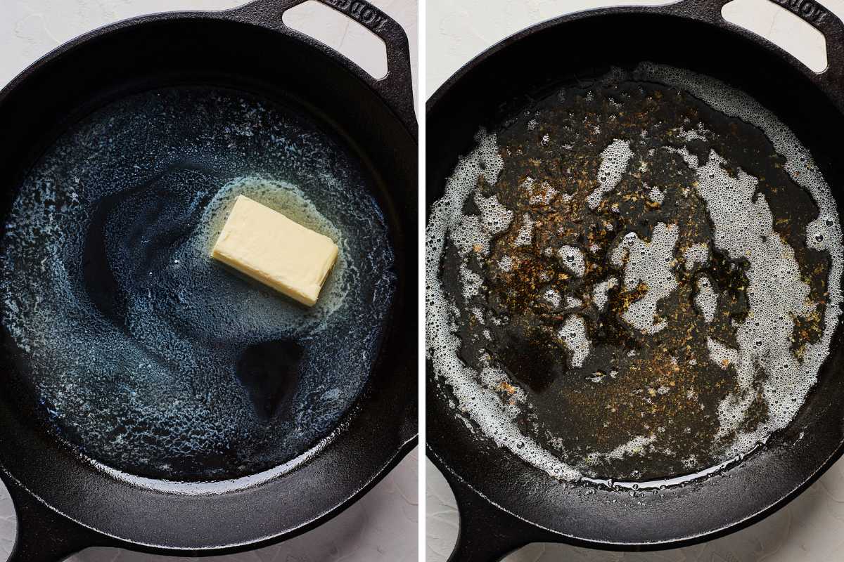 Adding the butter to the skillet and then cooking until it's melted.