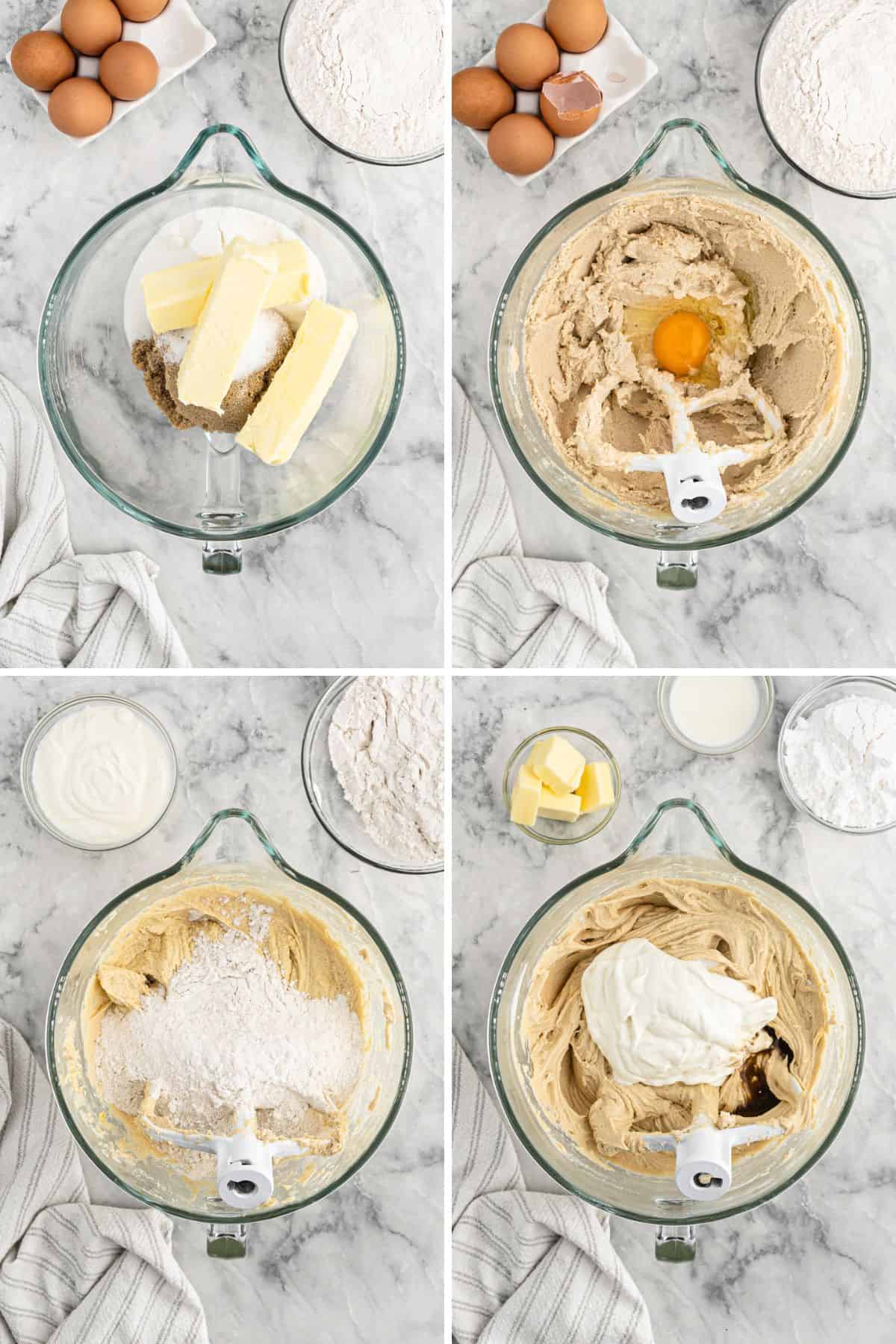 A collage of images showing the steps for mixing the cake batter.
