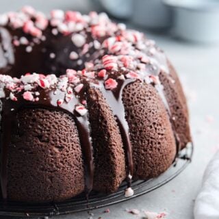 Chocolate peppermint pound cake on a wire rack on the table ready to serve.