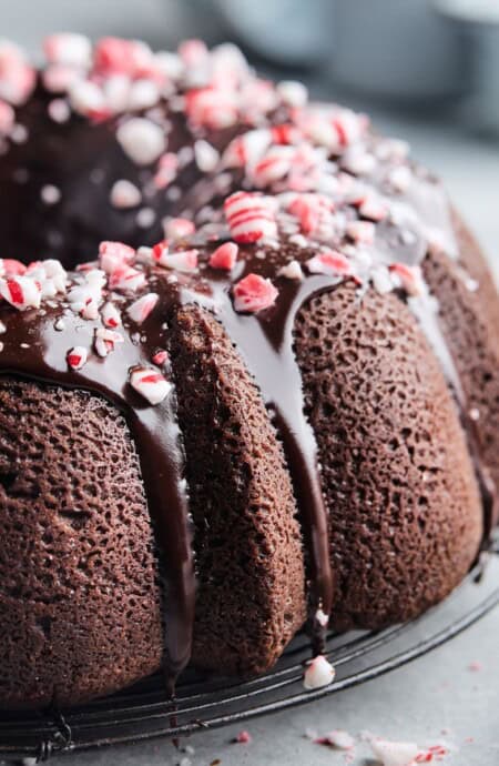 Chocolate peppermint pound cake on a wire rack on the table ready to serve.