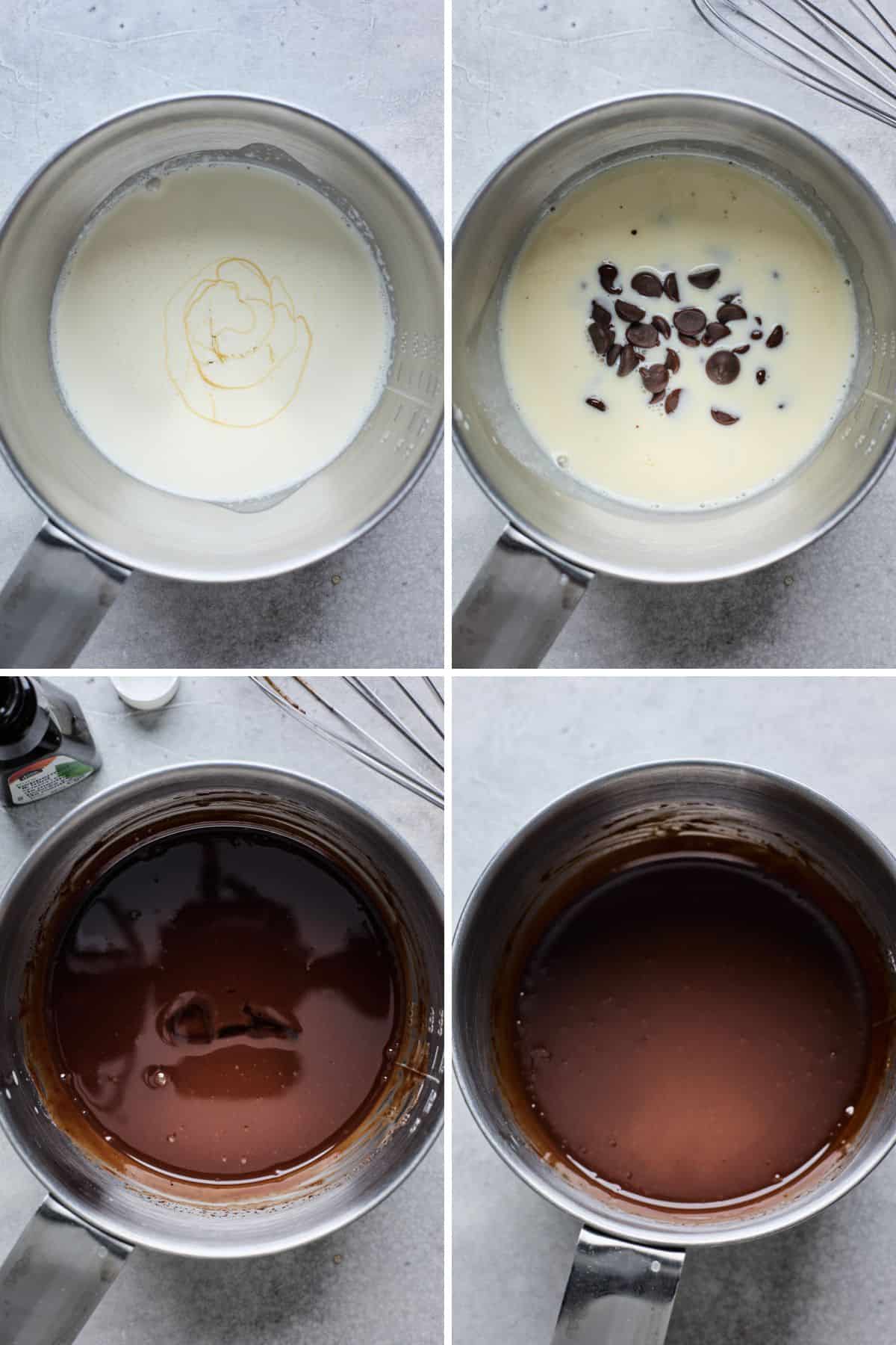 A collage of images showing the steps for making the peppermint ganache.
