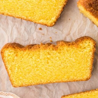 cornmeal pound cake slices on parchment paper