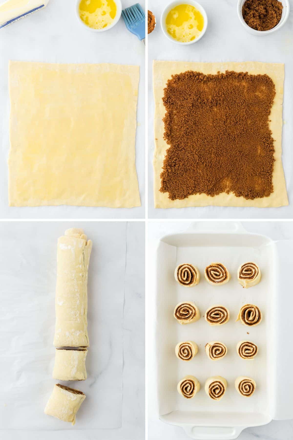 A collage of images showing the puff pastry rolled out, sprinkled with sugar, then rolled up, and finally sliced in a pan.