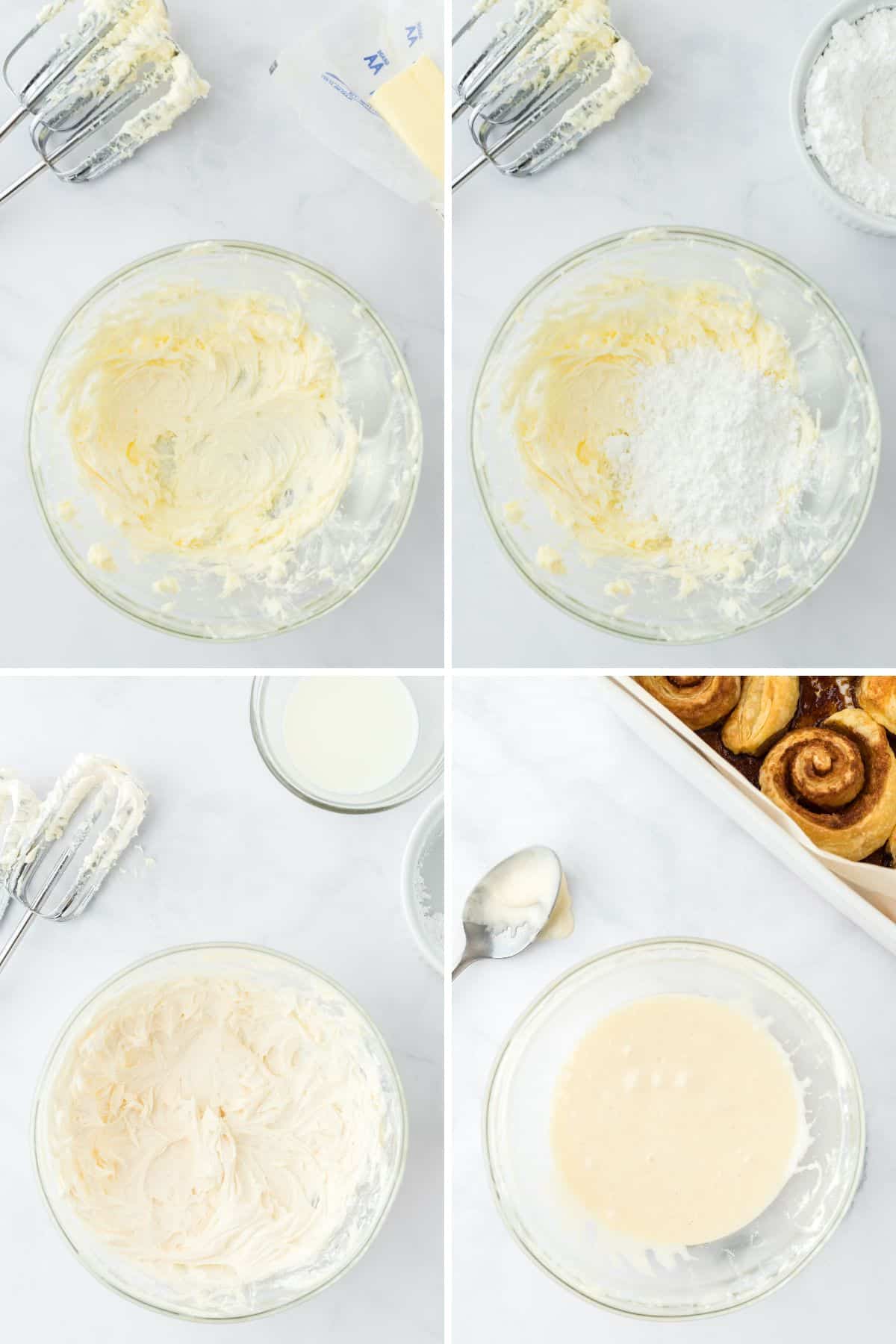 A collage showing the steps for mixing up the cinnamon roll icing.