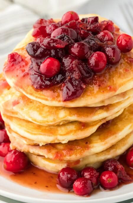 Eggnog Pancakes with Maple Cranberry Syrup | Grandbaby Cakes
