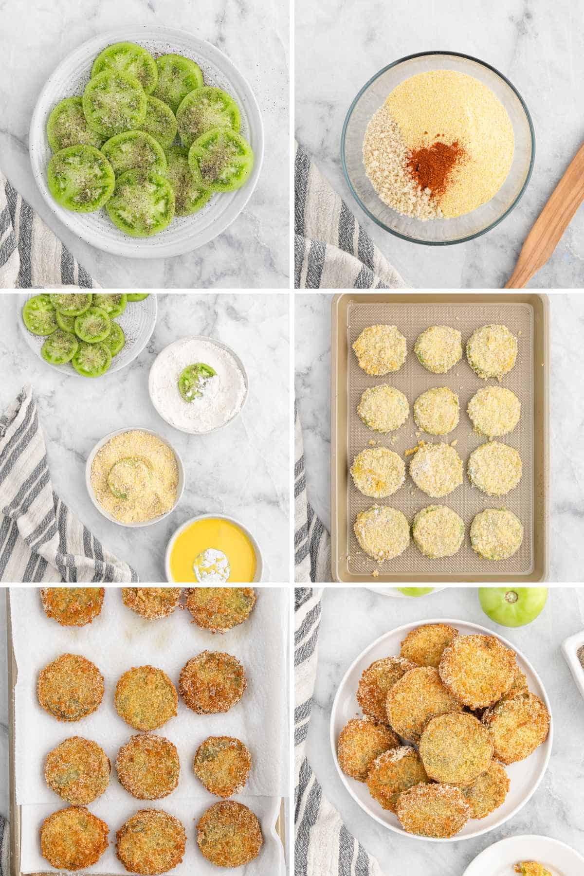 A collage of images showing the steps for making fried green tomatoes.