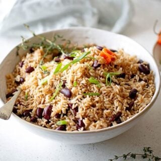Close up of white bowl with rice and peas against white wall