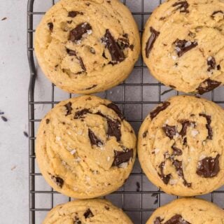 Chocolate Chunk Cookies after just being baked on a wire rack