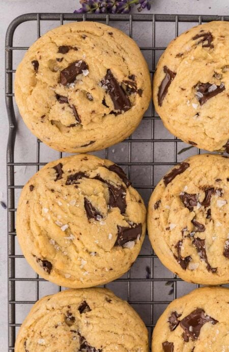 Chocolate Chunk Cookies after just being baked on a wire rack