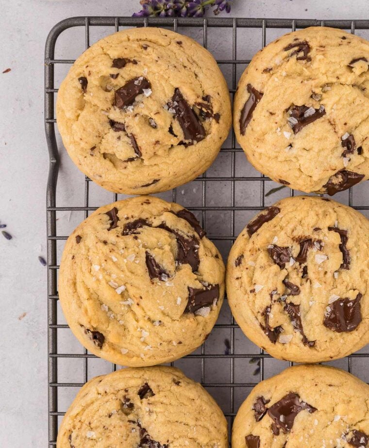 Chocolate Chunk Cookies after just being baked on a wire rack