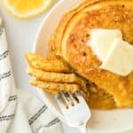 Lemon Ricotta Pancakes Recipe with slices on a fork