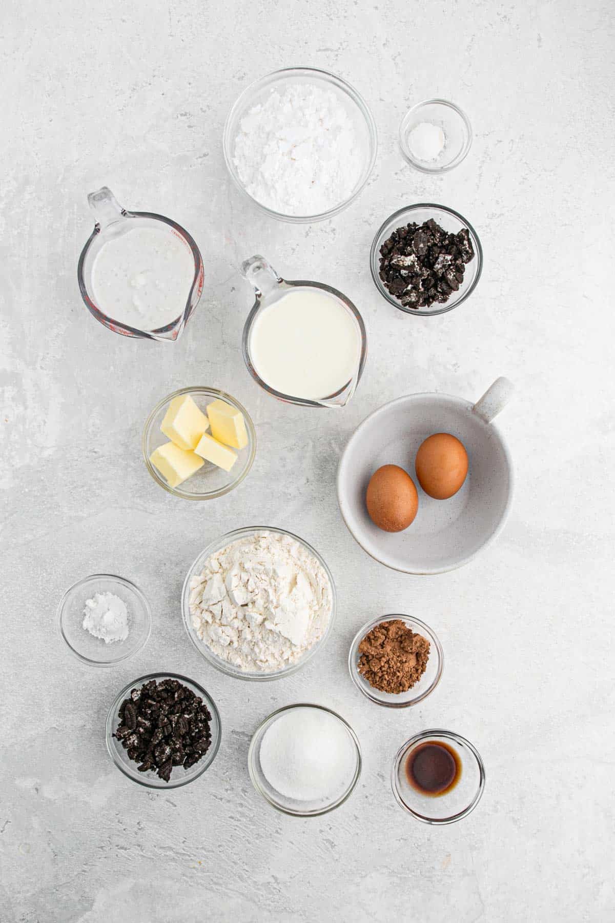 Ingredients to make oreo pancakes on the table.