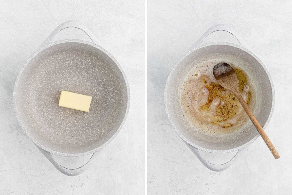 A collage showing the butter in a pan and then after it's melted and starting to brown.