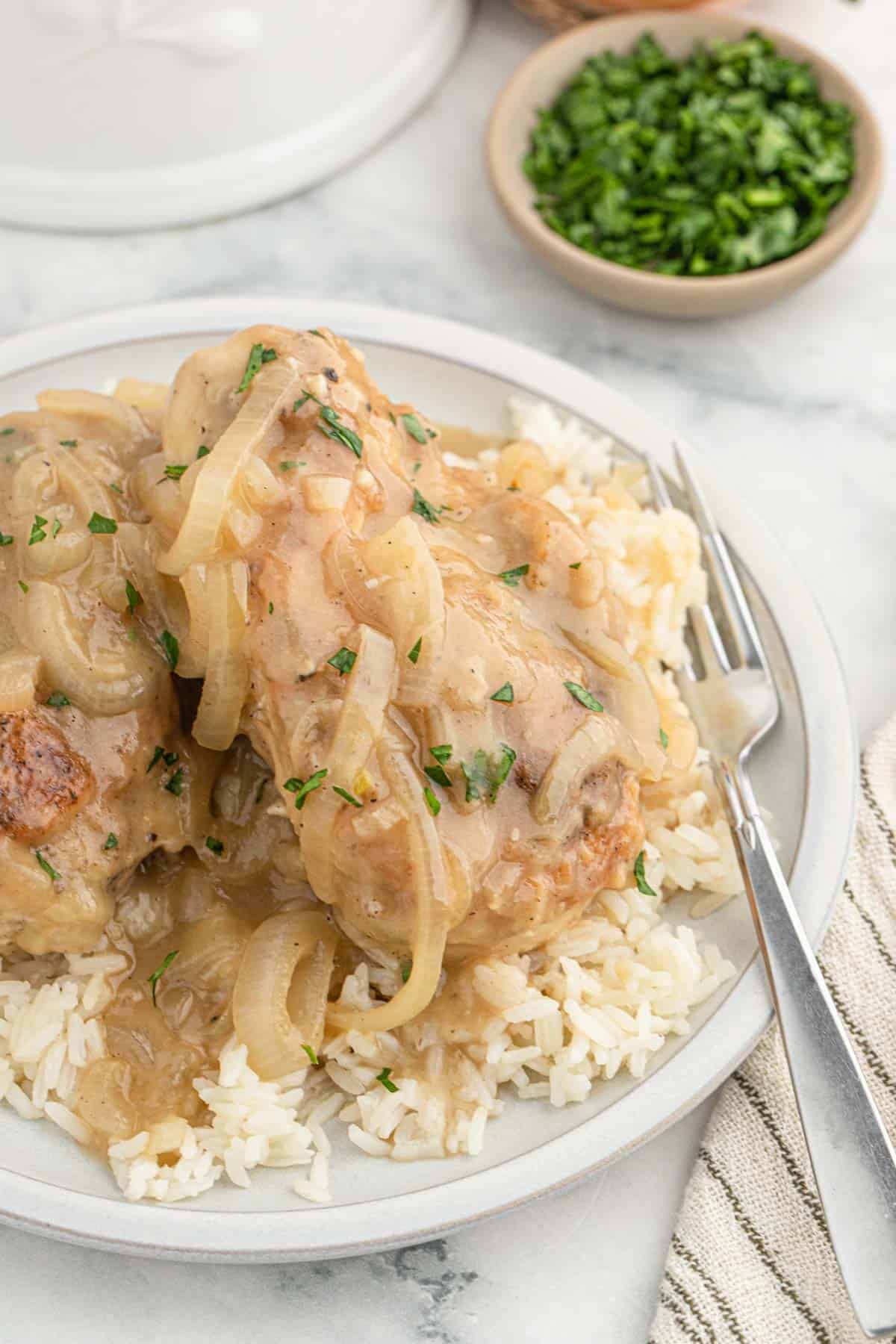 Southern smothered chicken with rice on a white plate with a fork to the side and a bowl of chopped parsley.