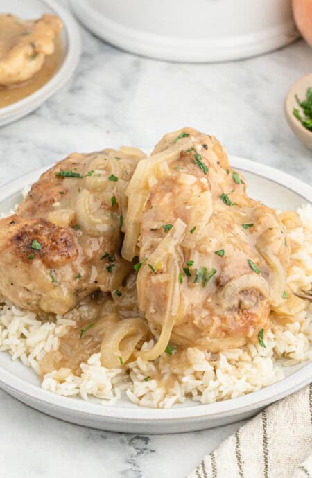 A plate full of smothered chicken served up over rice with a fork propped on the edge of the plate.