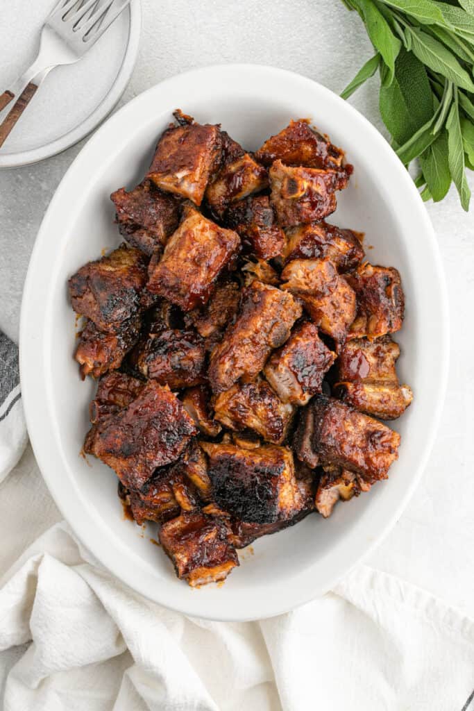 Rib tips on a white platter ready to enjoy