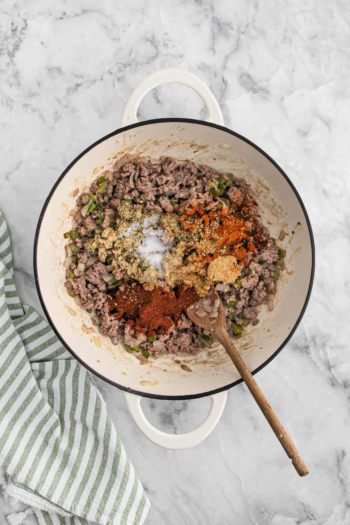 Spices added to the cooked ground beef.