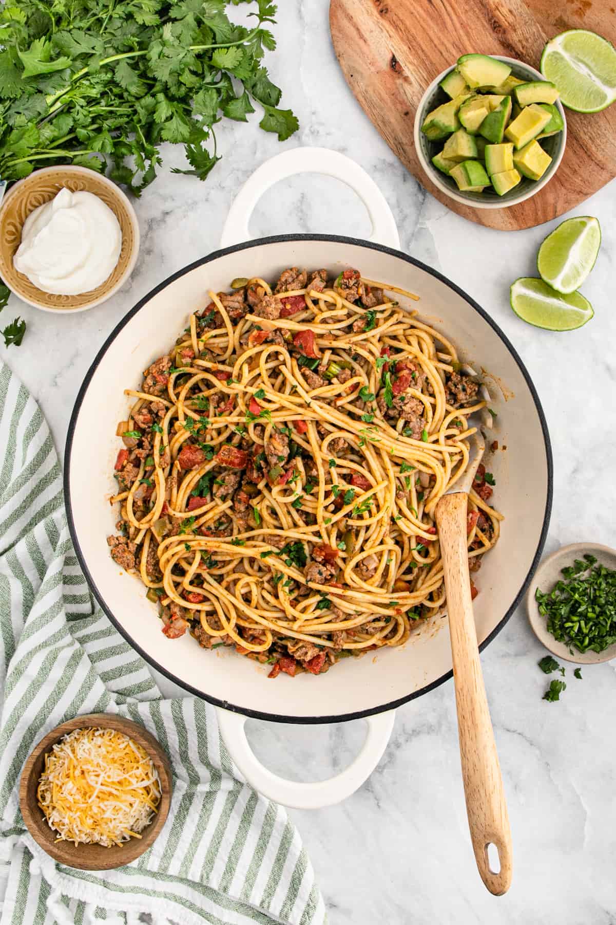 Freshly made taco spaghetti before being garnished.