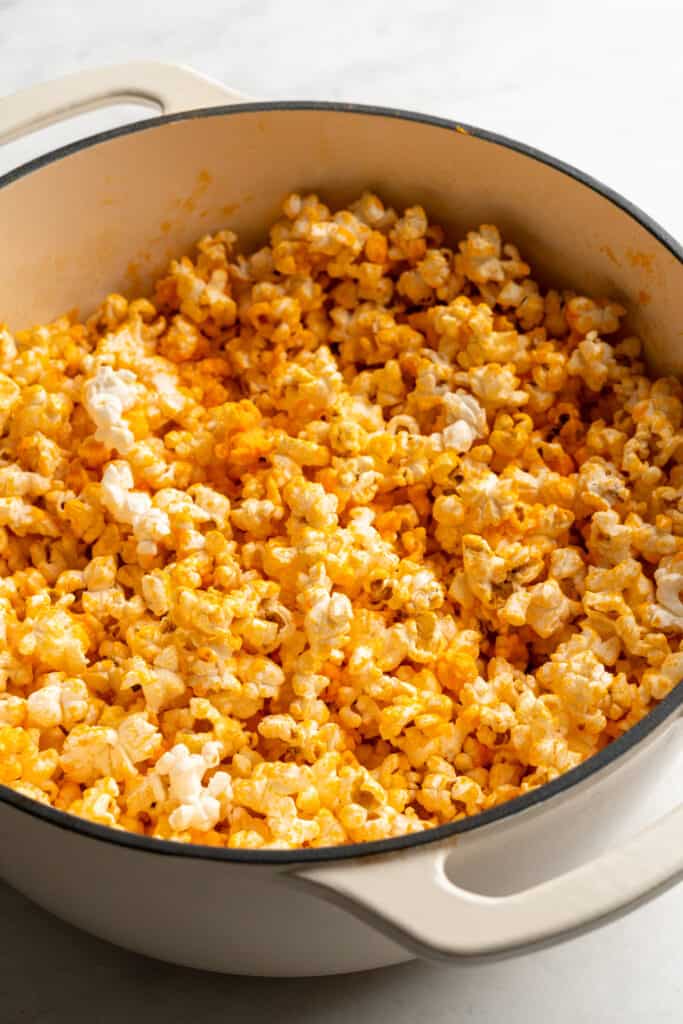 Cheddar popcorn still in the pan.