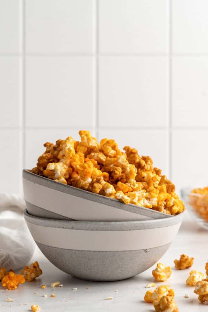 Chicago mix popcorn in a bowl stacked in another bowl.