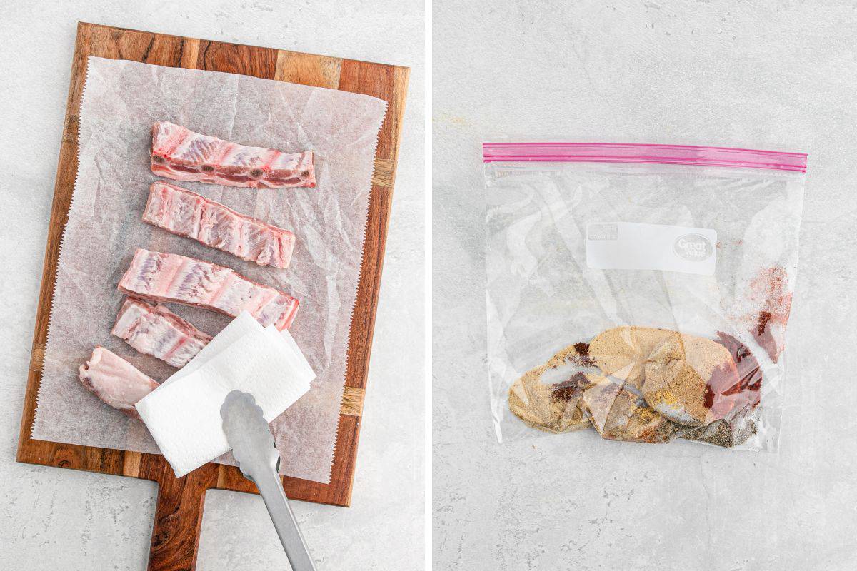 A collage of paper towels drying rib tips on parchment and a rib dry rub being mixed in a plastic bag