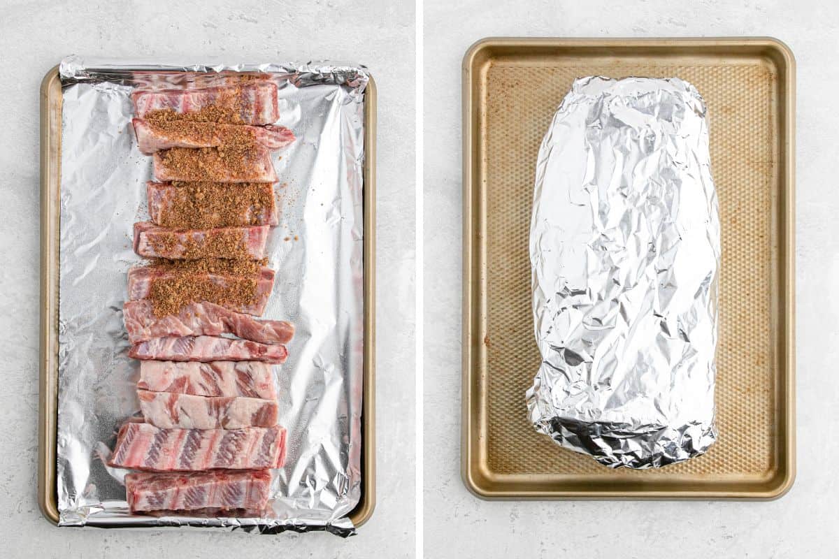 A collage of Pork rib tips being seasoned with dry rub then being covered in foil on a baking sheet