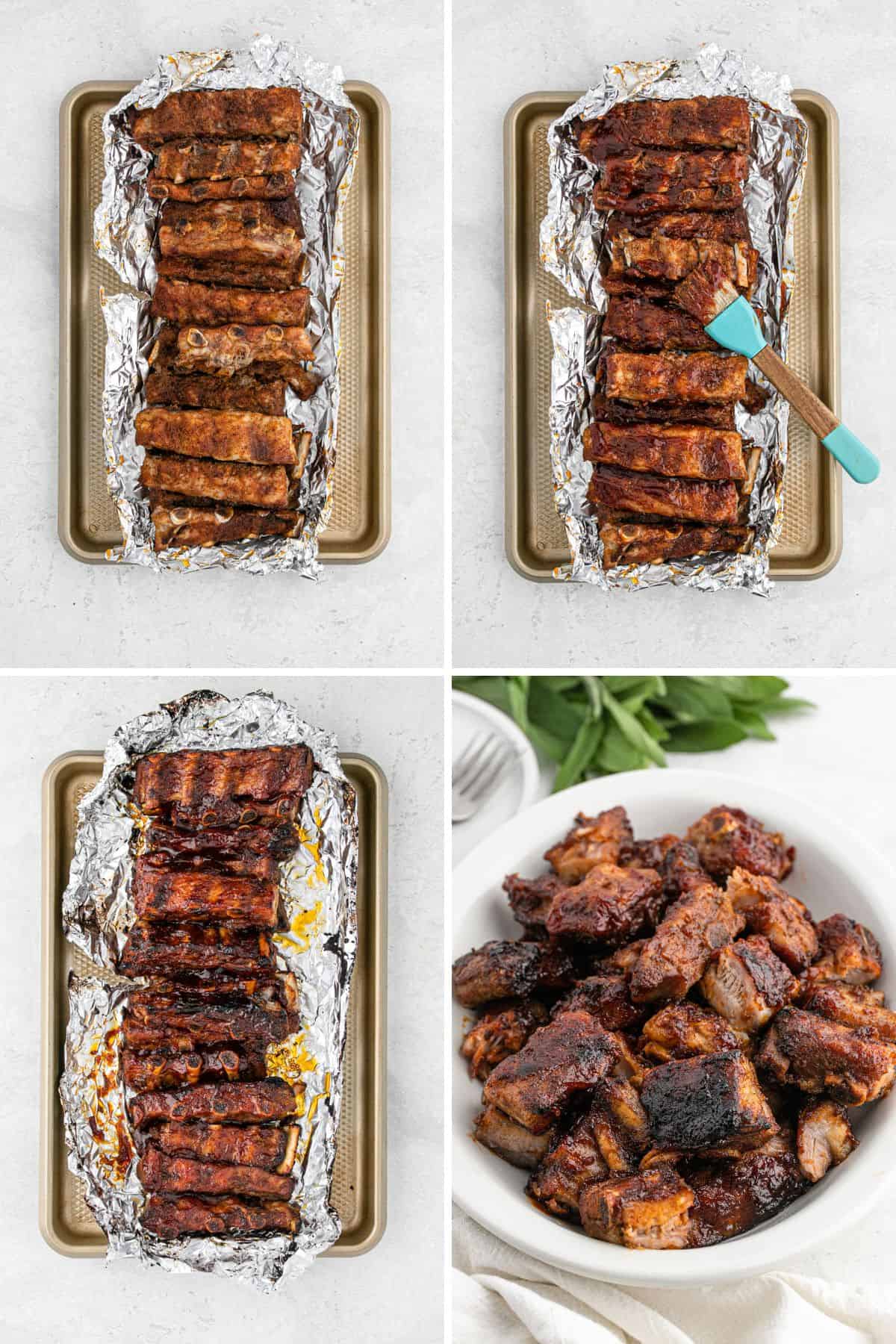 A collage of a bbq rib tip recipe being cooked then basted with bbq sauce then cut into smaller pieces to serve
