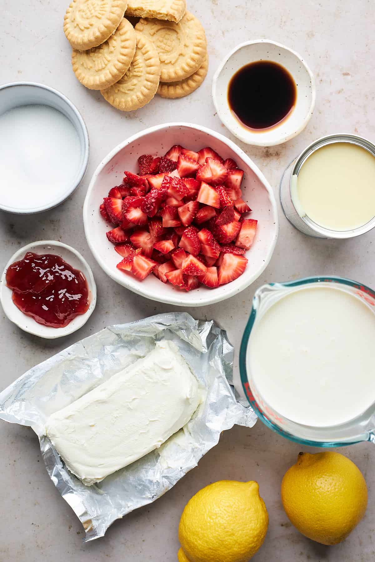 Cream cheese, strawberries, jam, shortbread cookies and everything else to make ice cream
