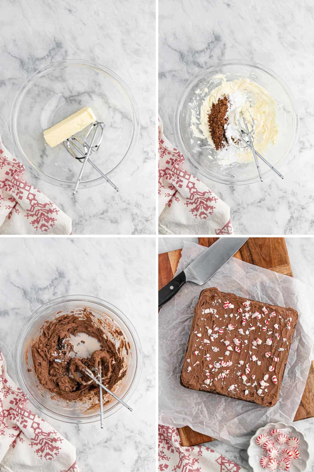 Collage of steps preparing the peppermint brownie frosting.