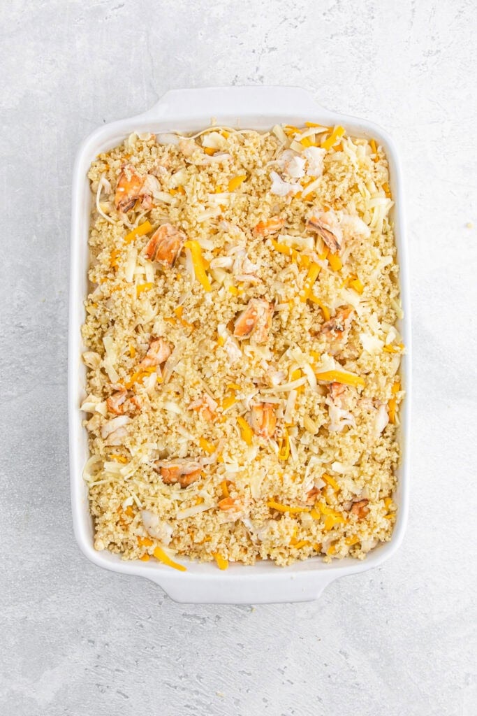 Lobster mac and cheese in a baking dish before baking