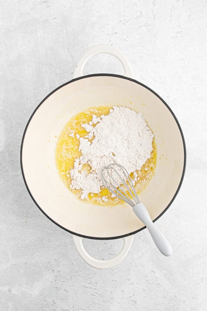 Flour added to butter in a pot
