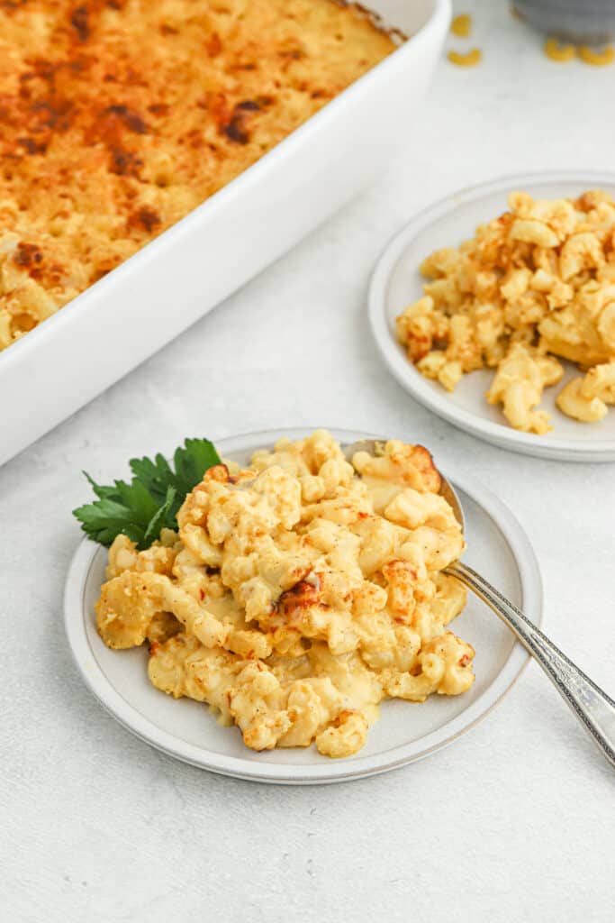 Southern Baked Macaroni and Cheese on a plate with a spoon
