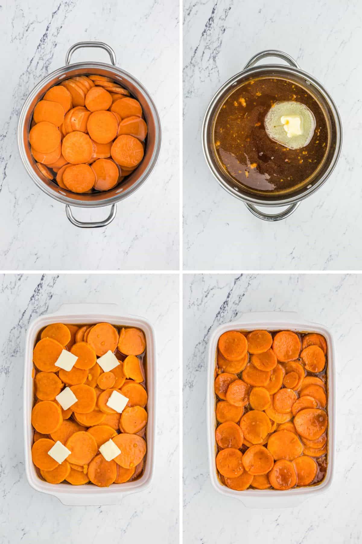 Collage of steps for making baked candied yams