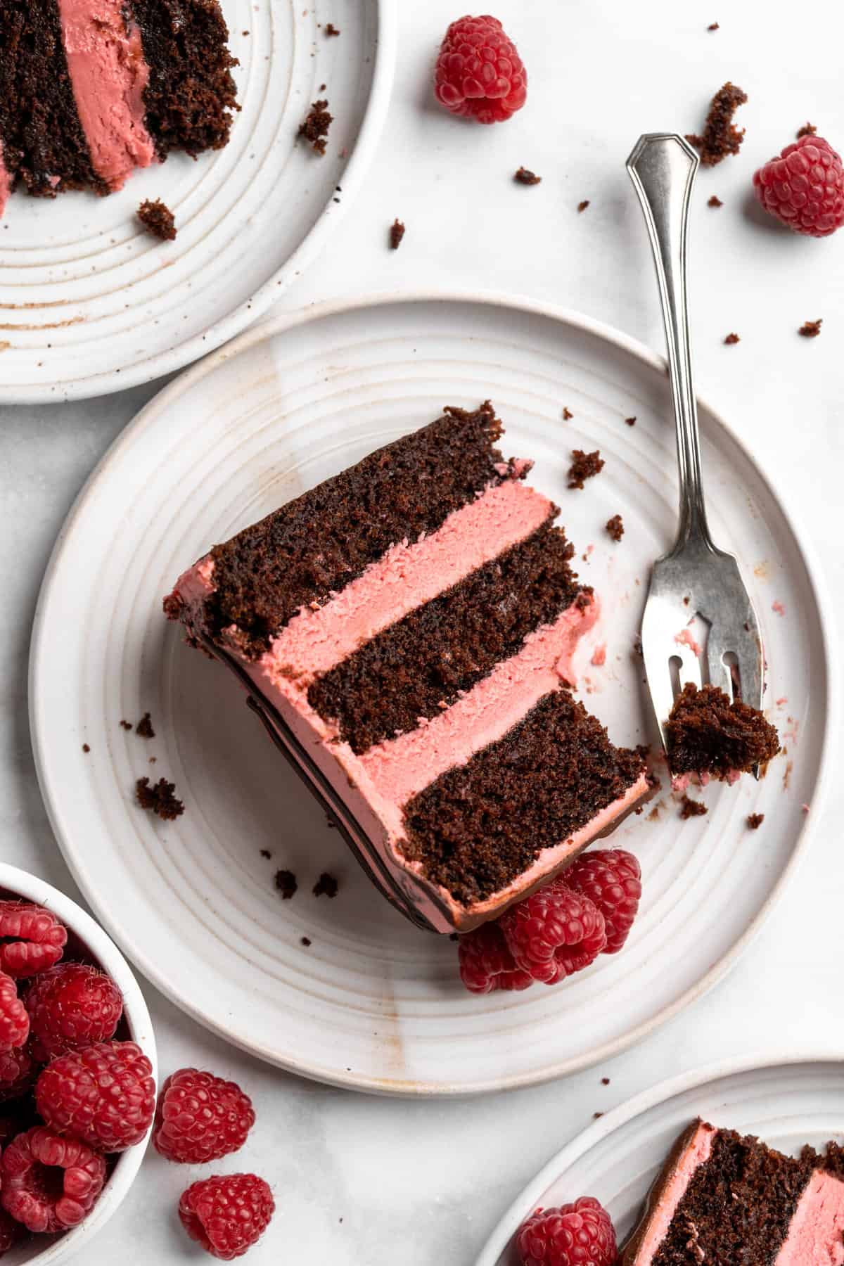 a chocolate raspberry cake on a plate with a fork