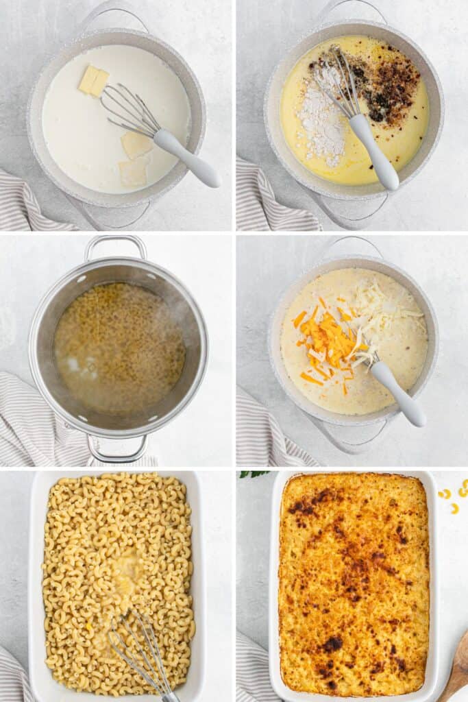 Collage of 6 images of the steps to make Baked Macaroni and Cheese