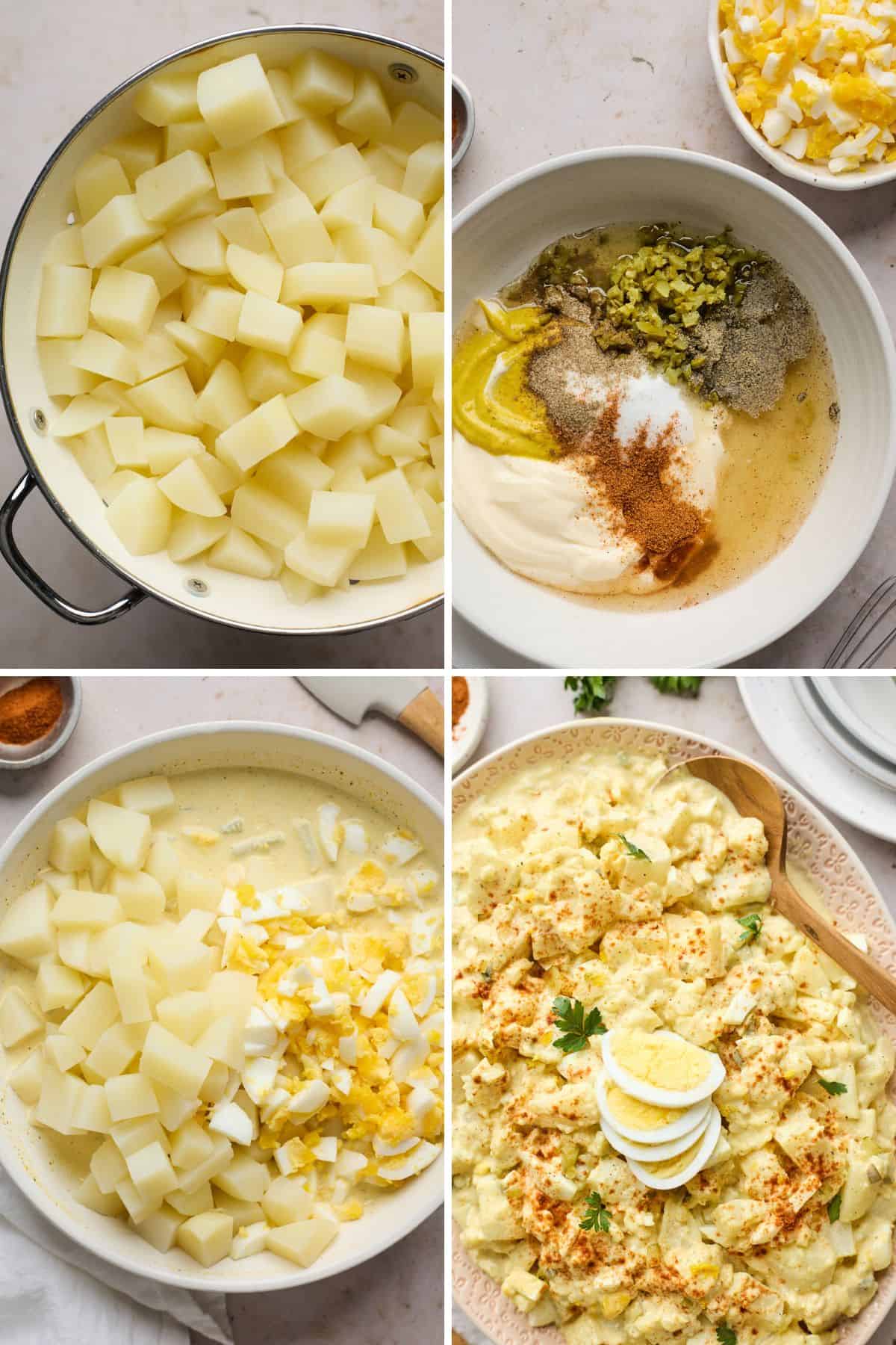 A collage of boiled potatoes and spices showing how to make southern potato salad recipe