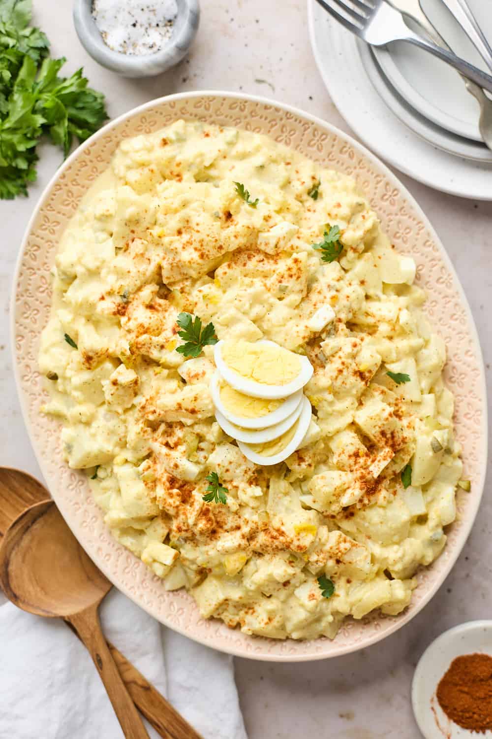 A large platter of southern potato salad ready to serve.