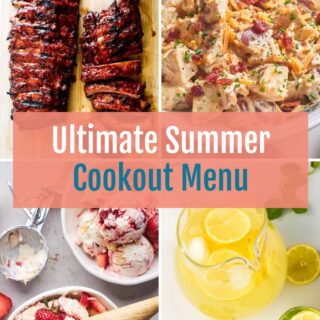 4 image collage for a summer cookout menu showing main, side, dessert and drink