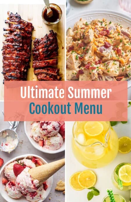 4 image collage for a summer cookout menu showing main, side, dessert and drink