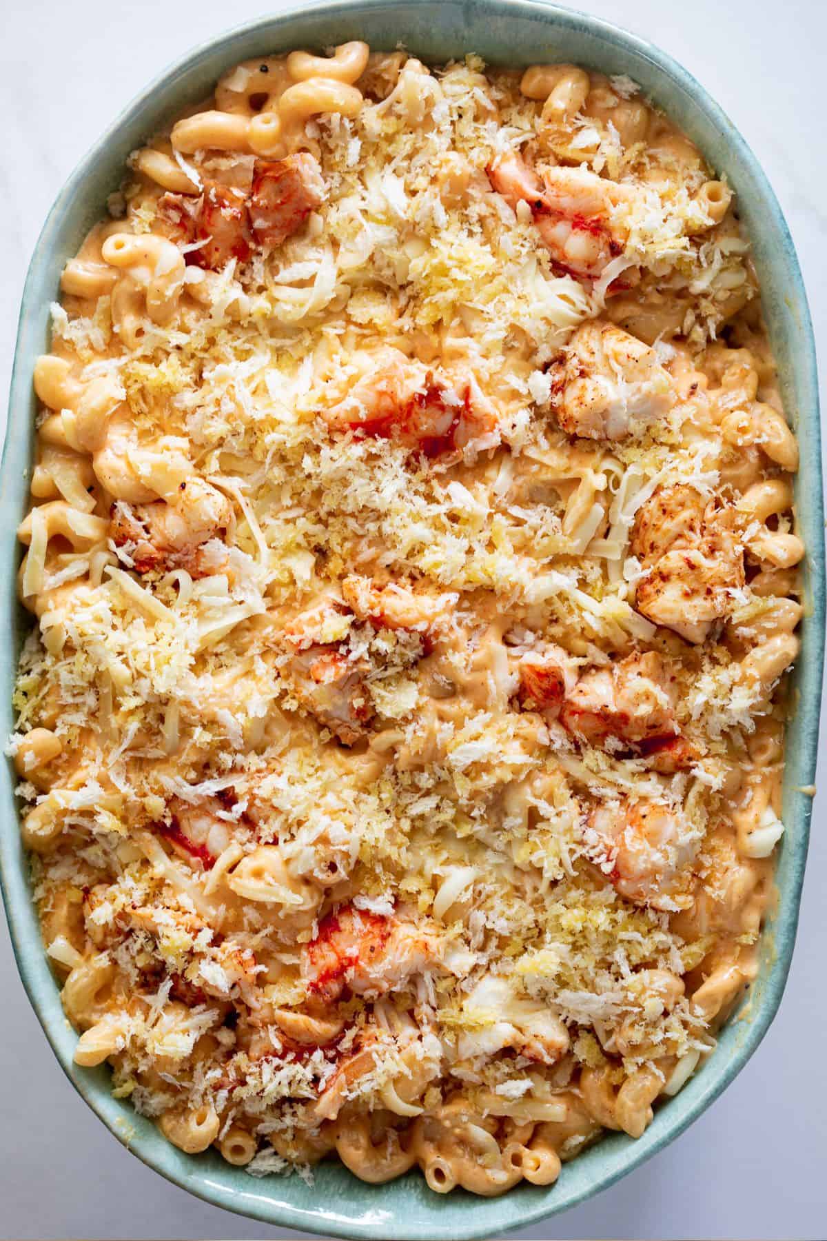 Lobster and unbaked mac and cheese before adding to the oven