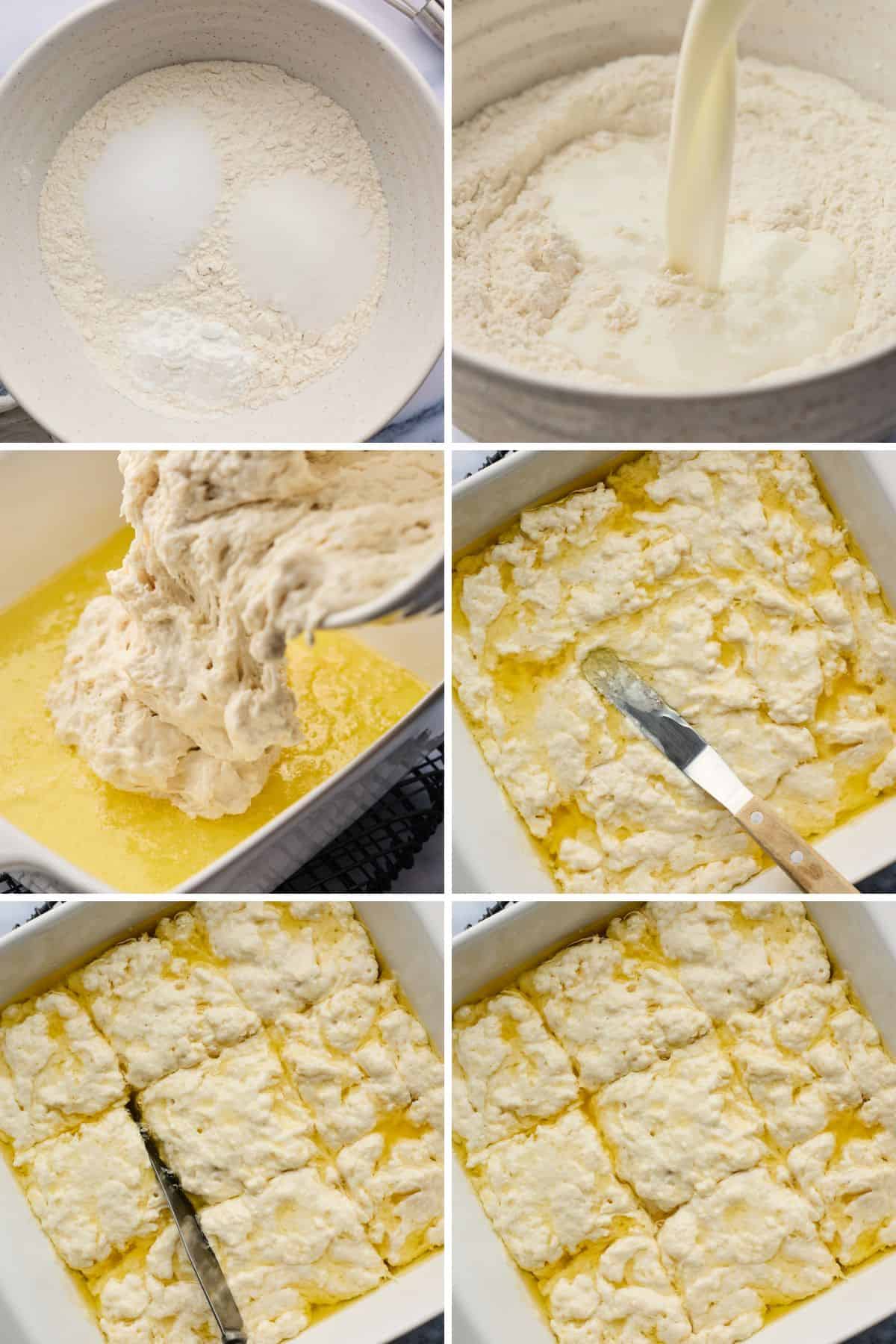 Steps of creating a biscuit batter and adding to a baking dish swimming in melted butter.