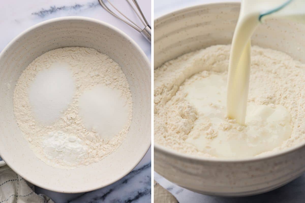 A collage of dry ingredients being whisked and buttermilk being added to them in a large bowl