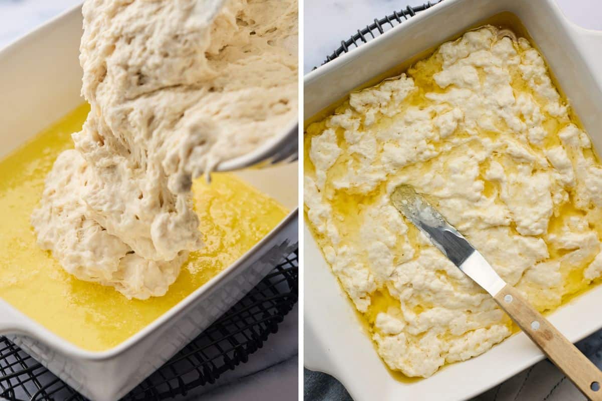 A collage of biscuit batter being poured into melted butter in a casserole dish and being smoothed with a spatula