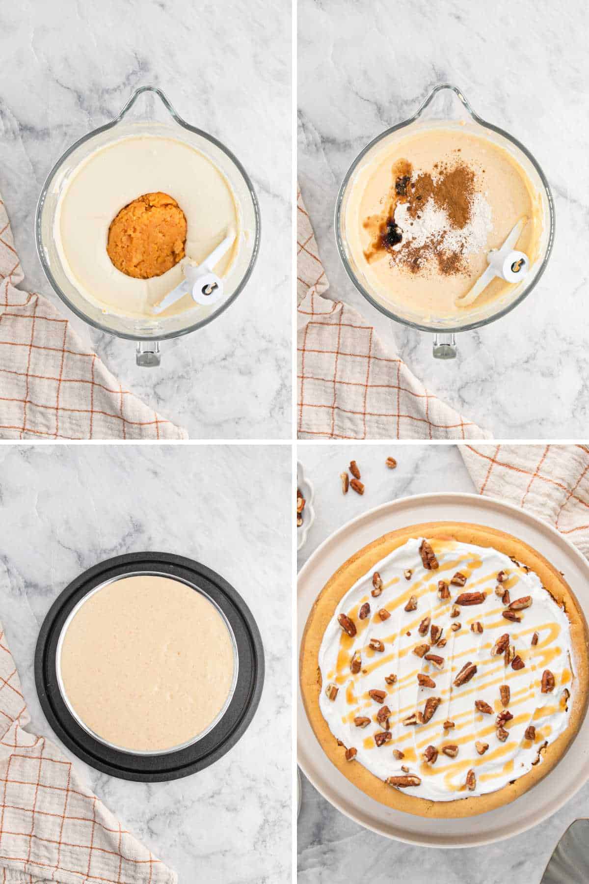 A collage showing mixing the sweet potato cheesecake filling and in the pan to bake and finally finished with pecans on top.