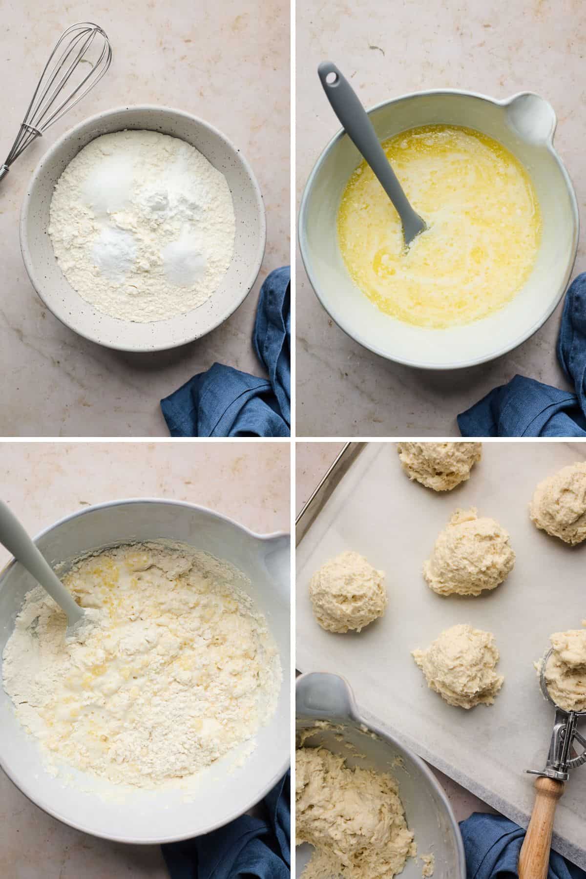 Collage of steps to make drop biscuits